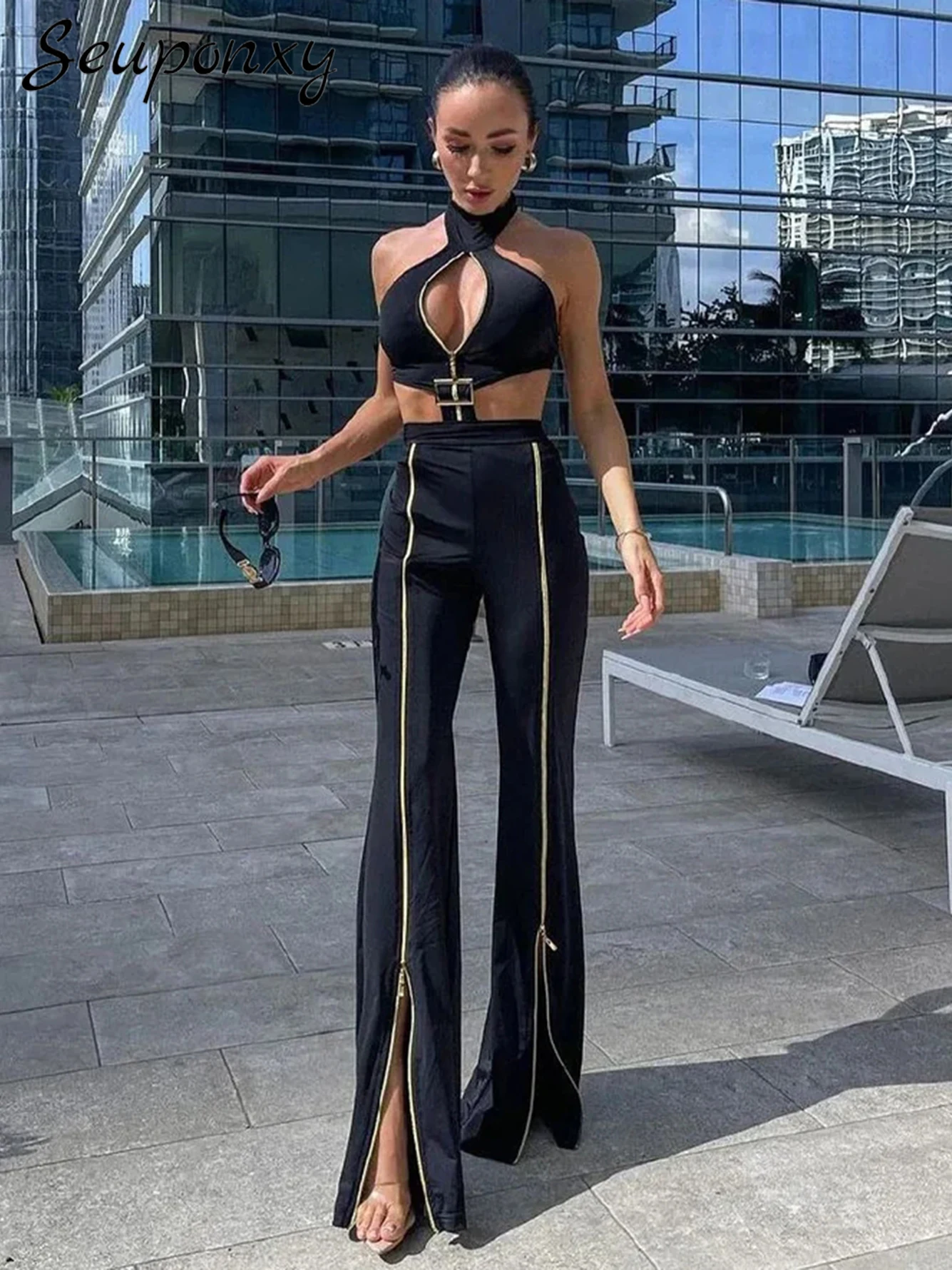 

High Quality Women's Fashion Slim Fit Set 2023 New Sexy Hanging Neck Bodysuit+Zipper Flare Pants High Street 2 Two Piece Set