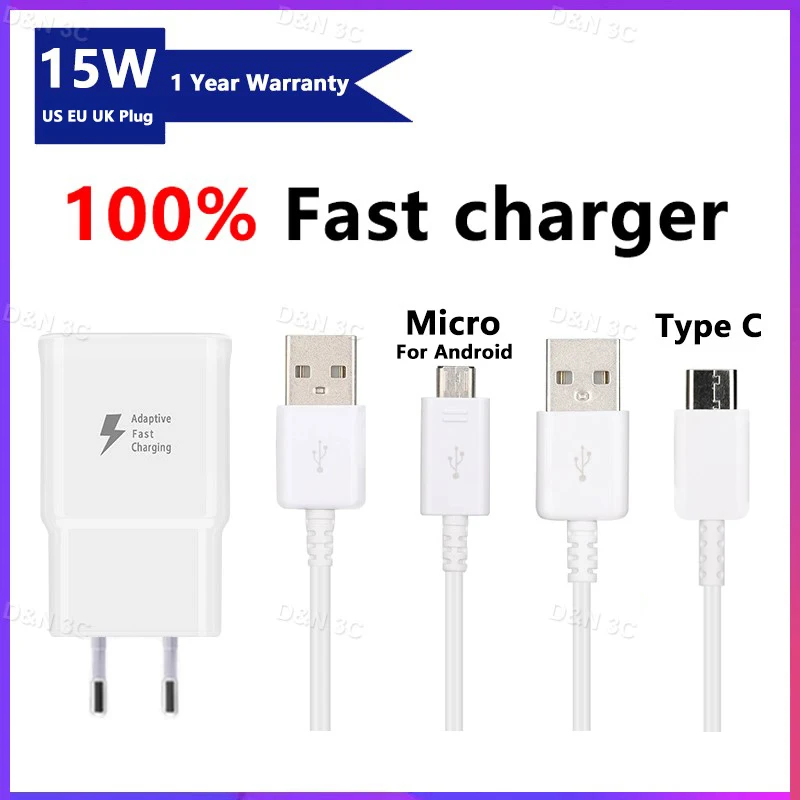 15W Fast Charger Micro/Type c charge cable Android for Samsung J2 J6 J7Prime S8+ 6 7 edge 9 10 Plus Note4 5 8 Adapter |
