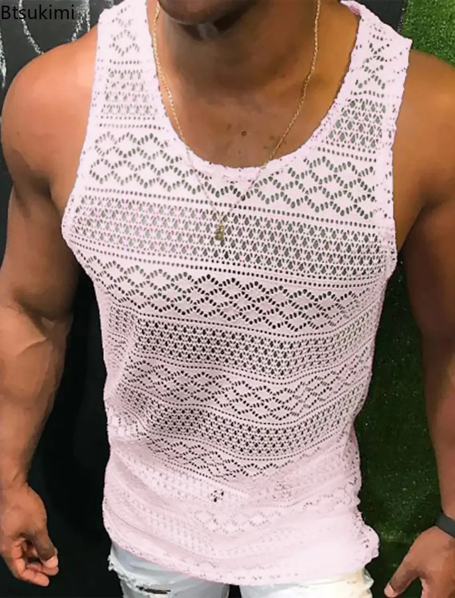 2024 Summer Tank Top for Men Lace Hollow Out Sleeveless Shirts Mens Clothing Slim Fit Gym Clothes Workout Solid Vest Tops Male