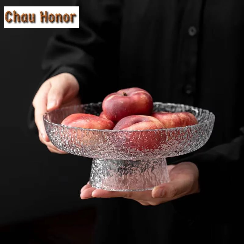 Stone Grain Glass Fruit Tray Modern Simple High Foot Fruit Tray Living Room Tea Table Household Tea Tray Snack Tray Customized