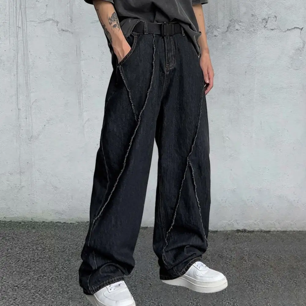 

Reinforced Pocket Seams Pants Unisex Wide Leg Streetwear Pants with Crotch Pockets Soft Loose Fit Trousers for Men Button Zipper
