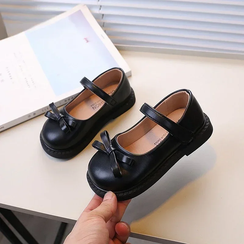 Black Leather Kids School Shoes Girls Non Slip Flats