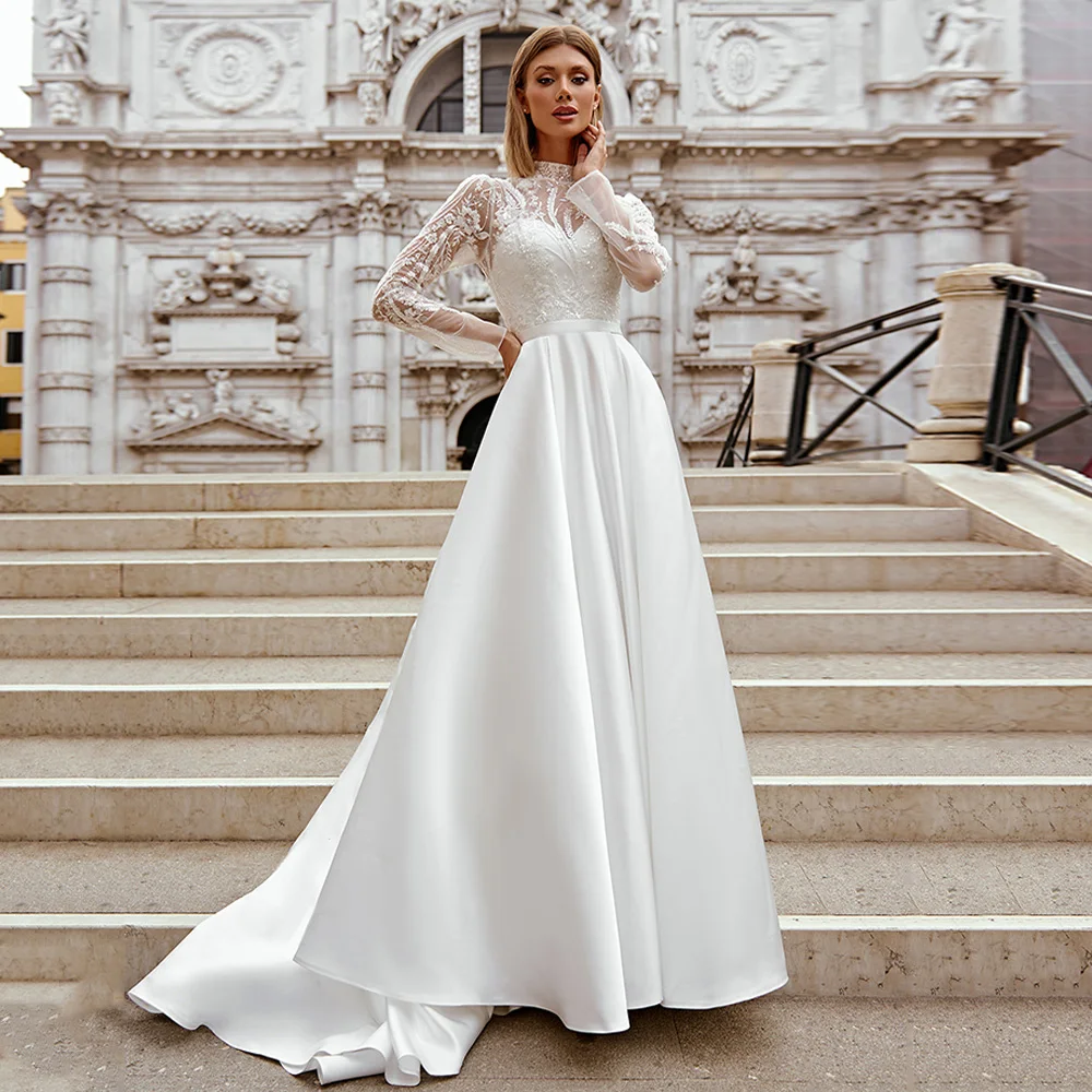 Fashion Wedding Dress High Neck Sheer Long Sleeves Sequined Applique A Line Satin Bride Dresses Woman Bridal Gown Vestido Noiva 5