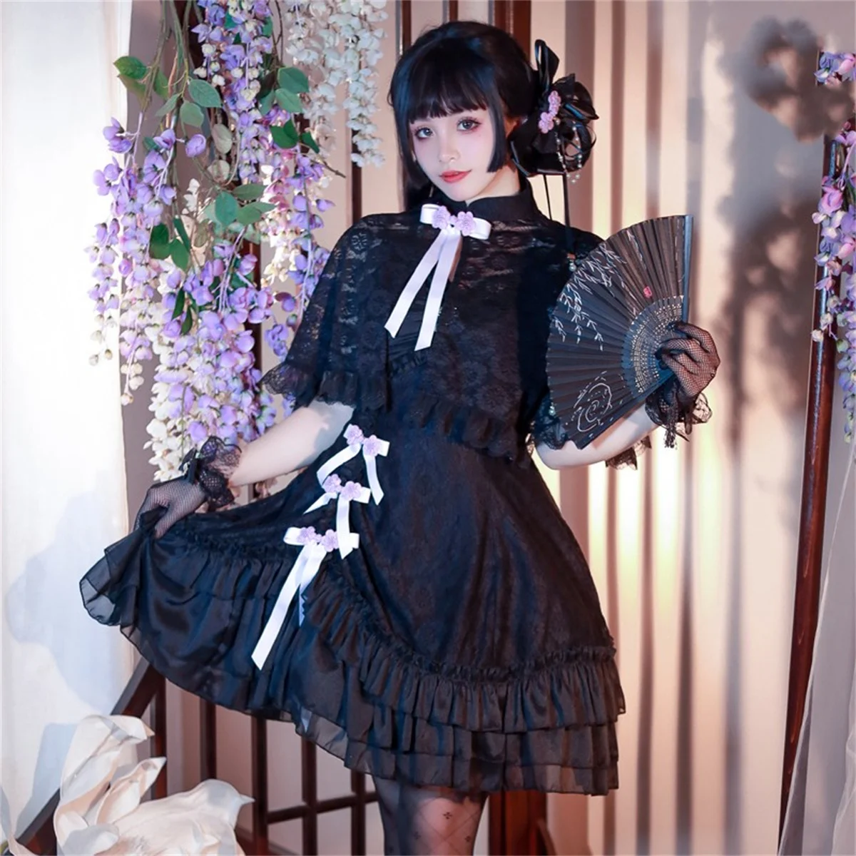 

Chinese Retro Style Elegant Girl Lolita Jsk Flower Disc Button Gem Lace Shawl Bow Bow Ruffled Frill Skirt Train Waist Dress