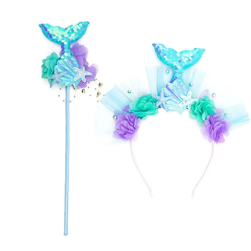 Girl Fancy Little Mermaid Photography Props Mermaid Tail Headband Magic Wand Princess Ariel Cosplay Accessory Necklace Bag Crwon Cosplay Accessories Hair Headband Accessories Hair Accessories
