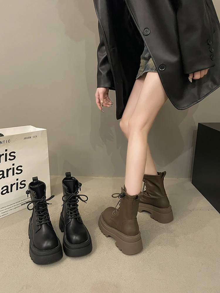 

Lace Up Shoes White Ankle Boots Round Toe Flat Heel Boots-Women Luxury Designer Low Lolita Ladies Autumn Med Rock 2023 Fashion R