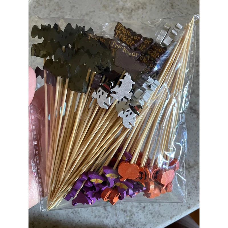 50/100Pcs Halloween Party Zahnstocher Einweg Bambus Spieße Kürbis Geist Obst Gabel Kuchen Dessert Cocktail Stick Dekorationen – Detail 9