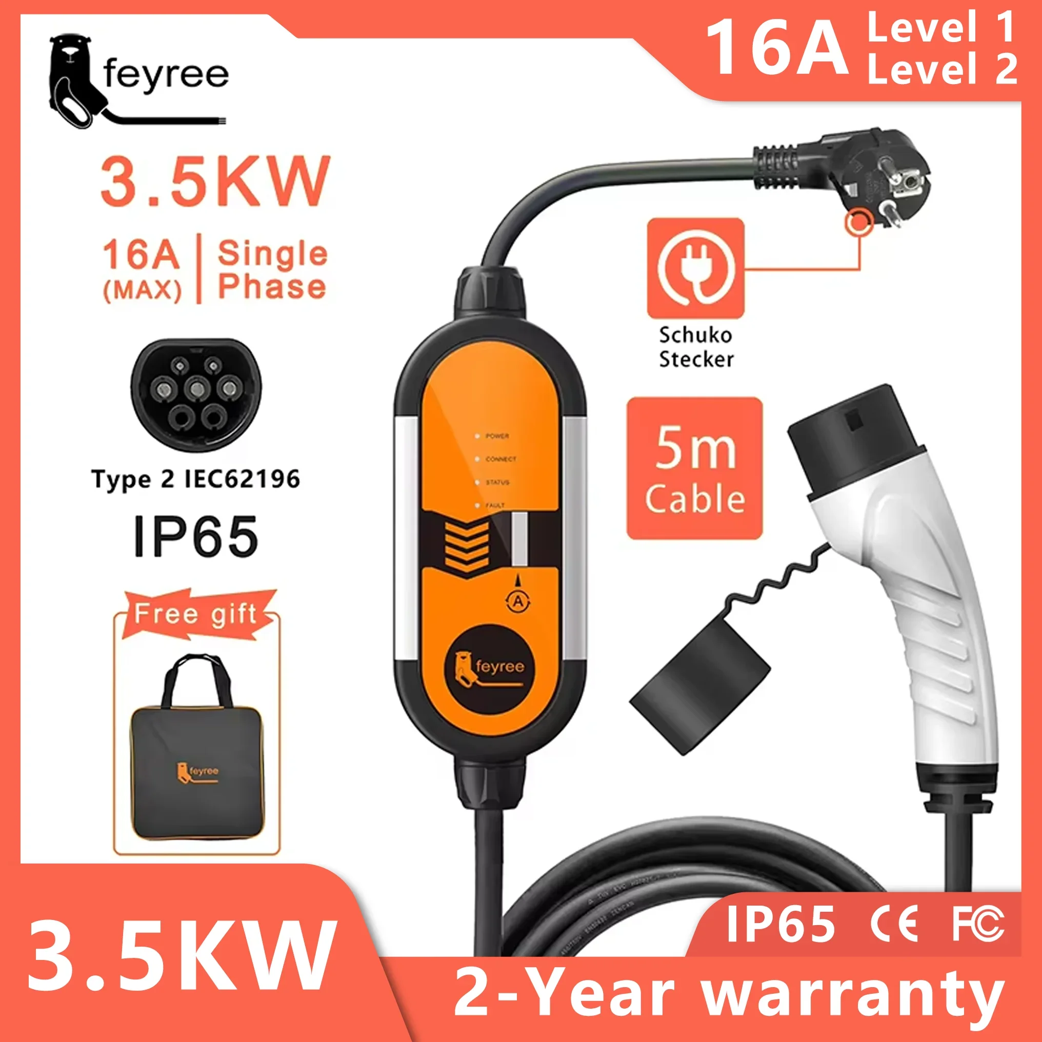 Feyree Type2 16A 3.5KW Portable EV Charger EVSE Charging Cable 5m with Schuko Plug Current Adjustable for Electric Car Charger