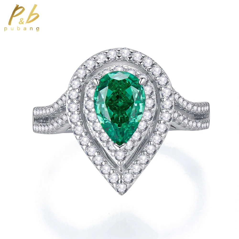 

PuBang Fine Jewelry 925 Sterling Silver Pear Green Gem Created Moissanite Ring for Women Anniversary Wedding Gifts Free Shipping