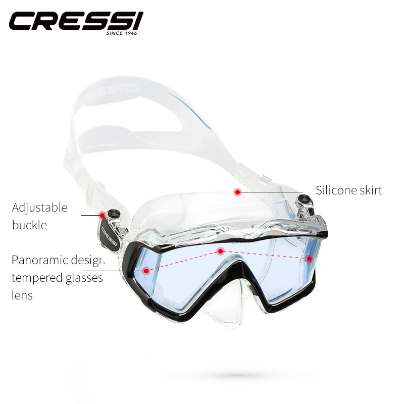 Cressi Swimming Diving Mask Snorkeling Scuba Snorkel Tempered Glass Three-Lens for Adults Pano3 Dry 4