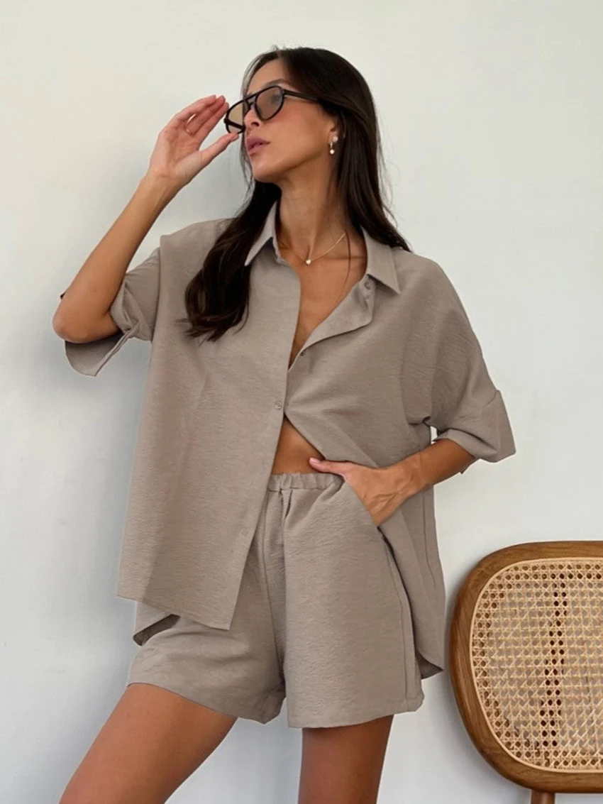 Marthaqiqi Causal Women Sleepwear Suit Turn-Down Collar Pajamas Three Quarter Sleeve Nightgowns Shorts Loose Nightie 2 Piece Set