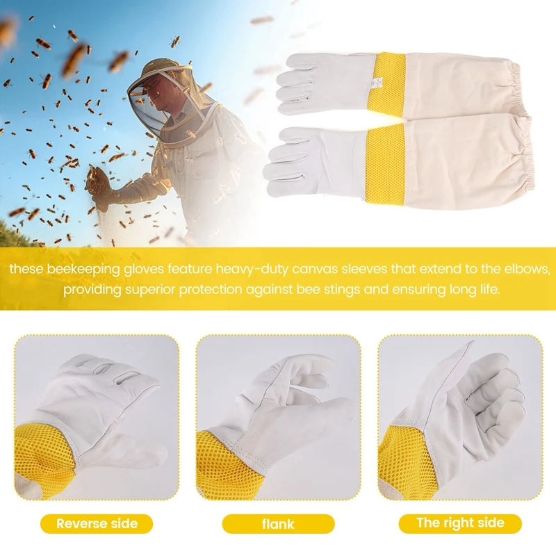 ABHG-Beekeeping Gloves Beekeeping Tools White Leather Golden Yellow Mesh Short Mesh Breathable Gloves Bee Protection Tools