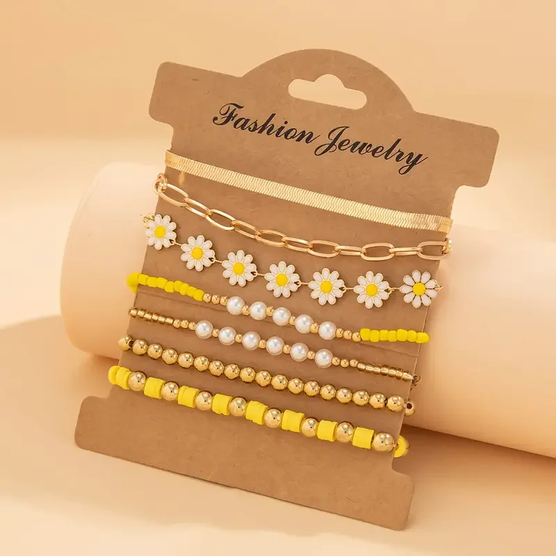 7 Pcs Yellow Daisy Flower Chain Bracelet Set Vintage Gold Color Pendant Beaded Bracelets Bohemian Delicate Handcrafted Jewelry