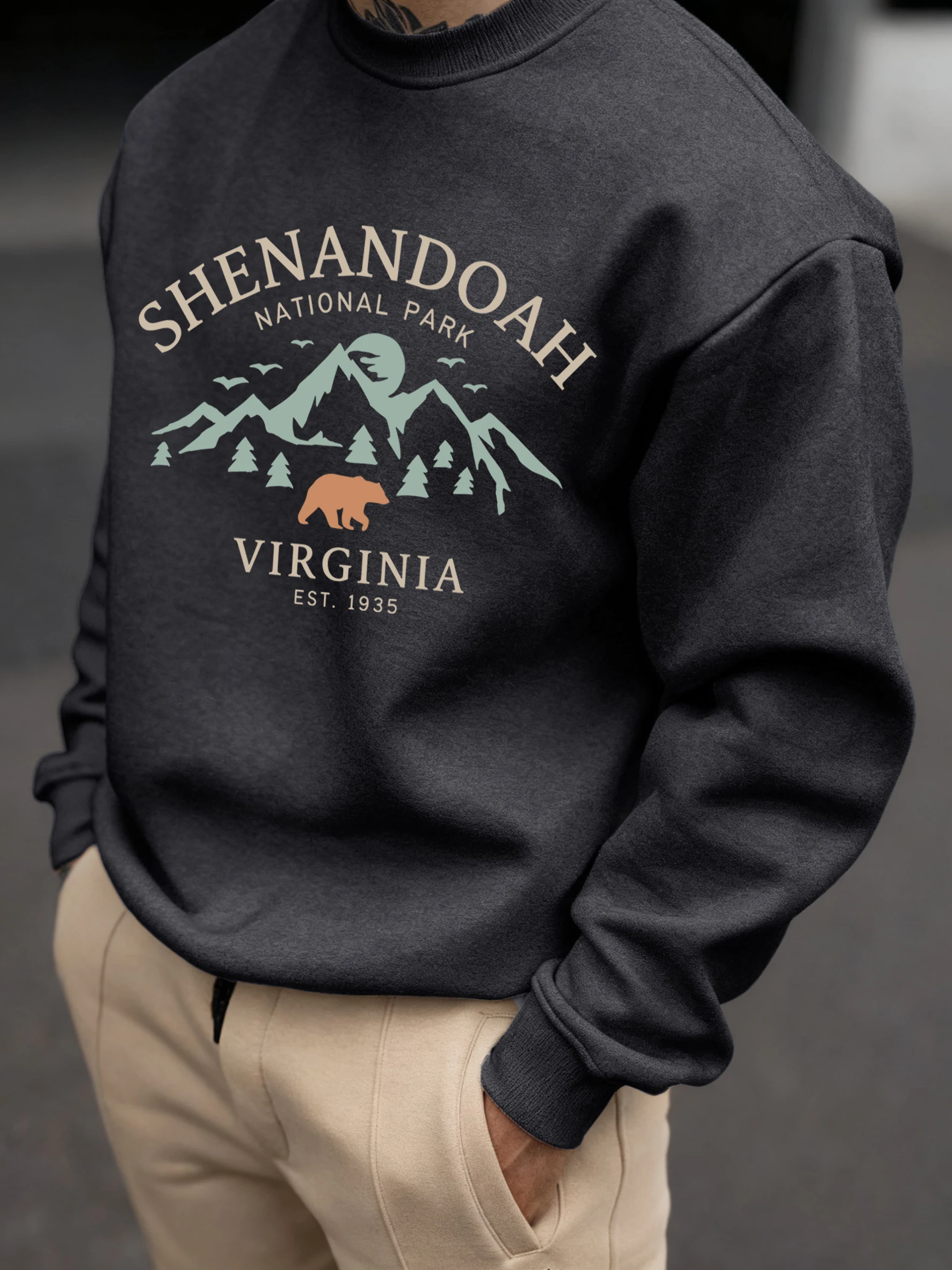 Shenandoah Virginia National Park Print Herren Pullover Vintage Warmes Sweatshirt Lässige weiche Kleidung Fleece Basic Loose Sportswear – Detail 13