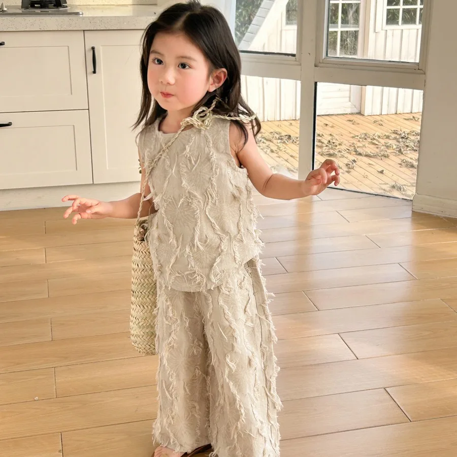 

Childrens Sets Design Sense Tassels Burr Edge Sleeveless Vest Spring Girls Fashion Retro Straight Leg Pants 2024