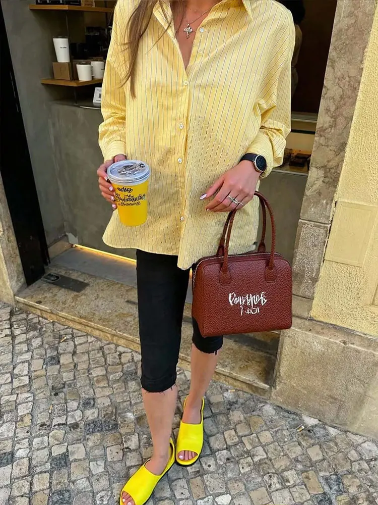 HH Yellow Striped Shirts For Women 2025 New Fashion Blouse Loose Casual Single-Breasted Long Sleeve Shirt Office Lady Tops