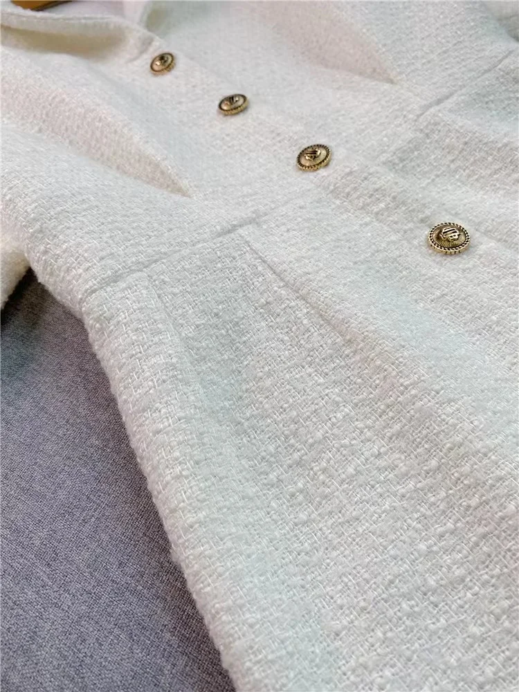 

Summer New Temperament Tweed Dress Women Metal Single Breasted Notched Solid Color All-Match Short Sleeve Slim Mini Robe Ladies