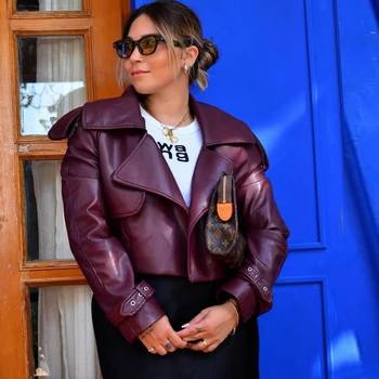 HXAO سترة جلدية صناعية معطف نسائي ديمي الموسم اقتصاص سترة واقية معطف طويل الأكمام زر أسود دراجة نارية سترة امرأة 6
