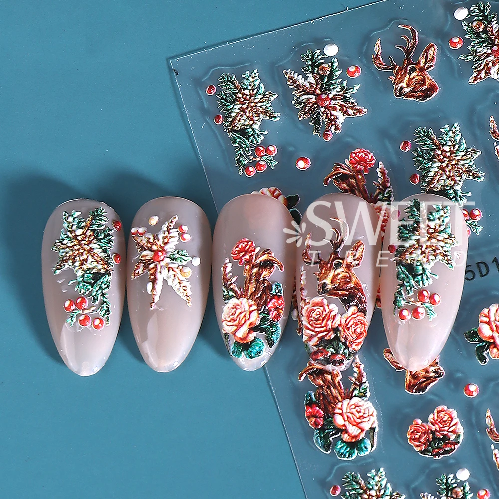 2pcs/set Christmas Nail Art Stickers 5D Embossed Self-Adhesive Elk Deer Flower Nail Decal for DIY Christmas Manicure Decoration