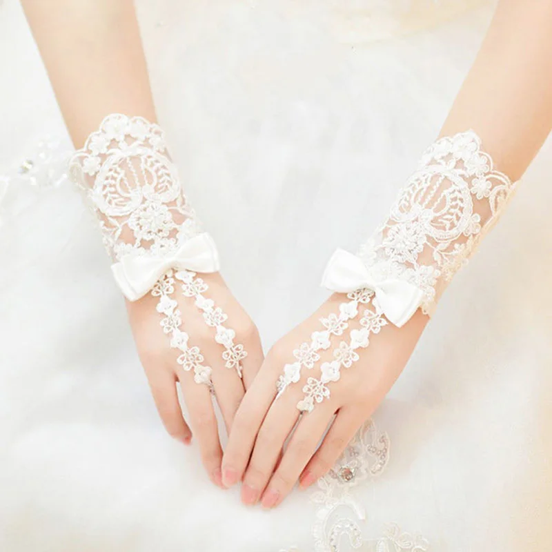 

1Pair Bow knot Hollow Out Lace Mesh Gloves Bride Wedding Short Hook Finger Polyester Mitten Women Fashion Accessories