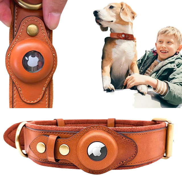 Funda con soporte Airtag para perro, Collar de cuero sólido y