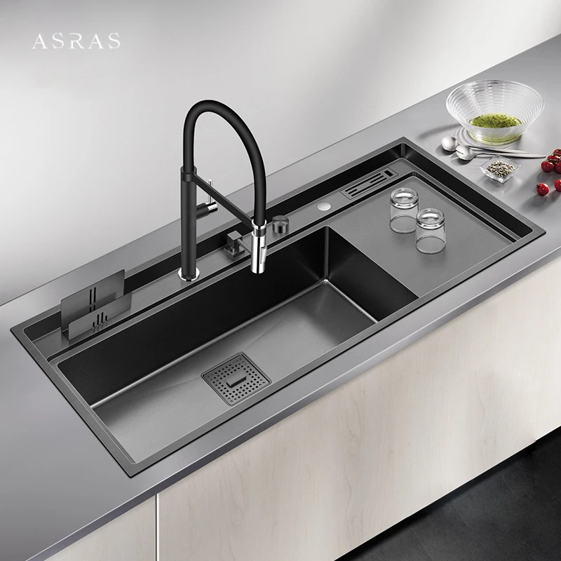 ASRAS Nanometer Kitchen Sink Handmade Sink 4mm Thickness 240mm Depth Large Size Single Kitchen With Drain Plate Sinks