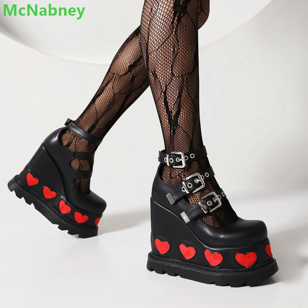 

Black Wedge Heel Platform Love Pattern Pumps For Female Women Round Toe Hollow Buckle Design Fashion Sexy Mixed Colors Shoes