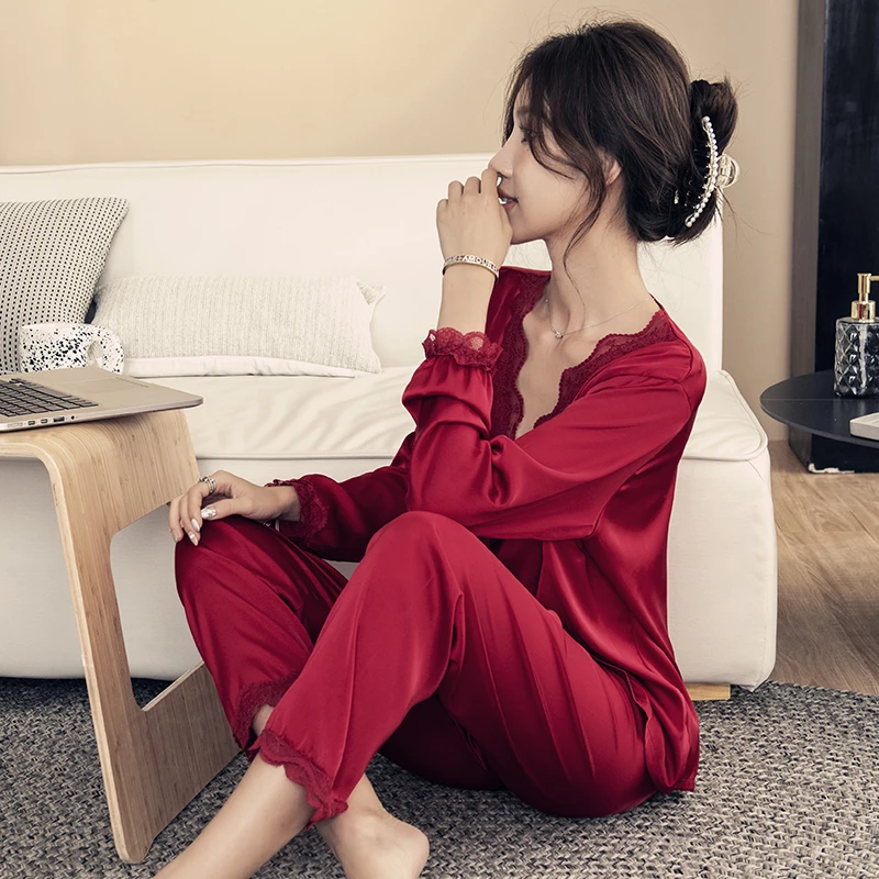 New Elegant Ladies Faux Silk Polyester lace Pajama Sets Sexy Homewear Women Casual Luxury Pajamas Thin Pajamas Female Sleepwear