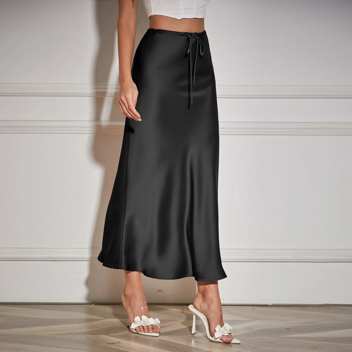 New In 2025 Spring Summer Solid Color Satin Long Skirt For