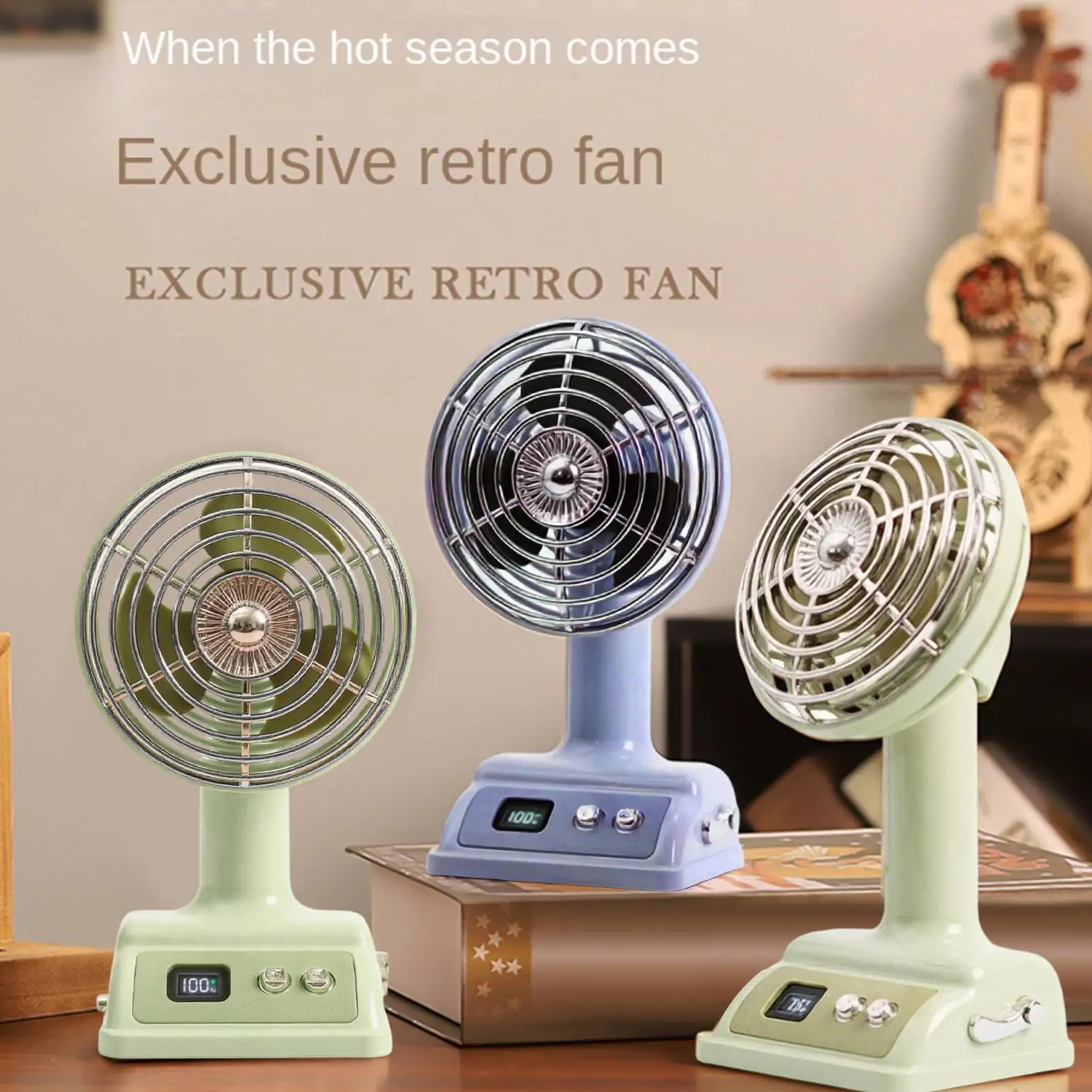 Compact Retro Mini Desk Fan with Digital Display and USB Rechargeable Cooling