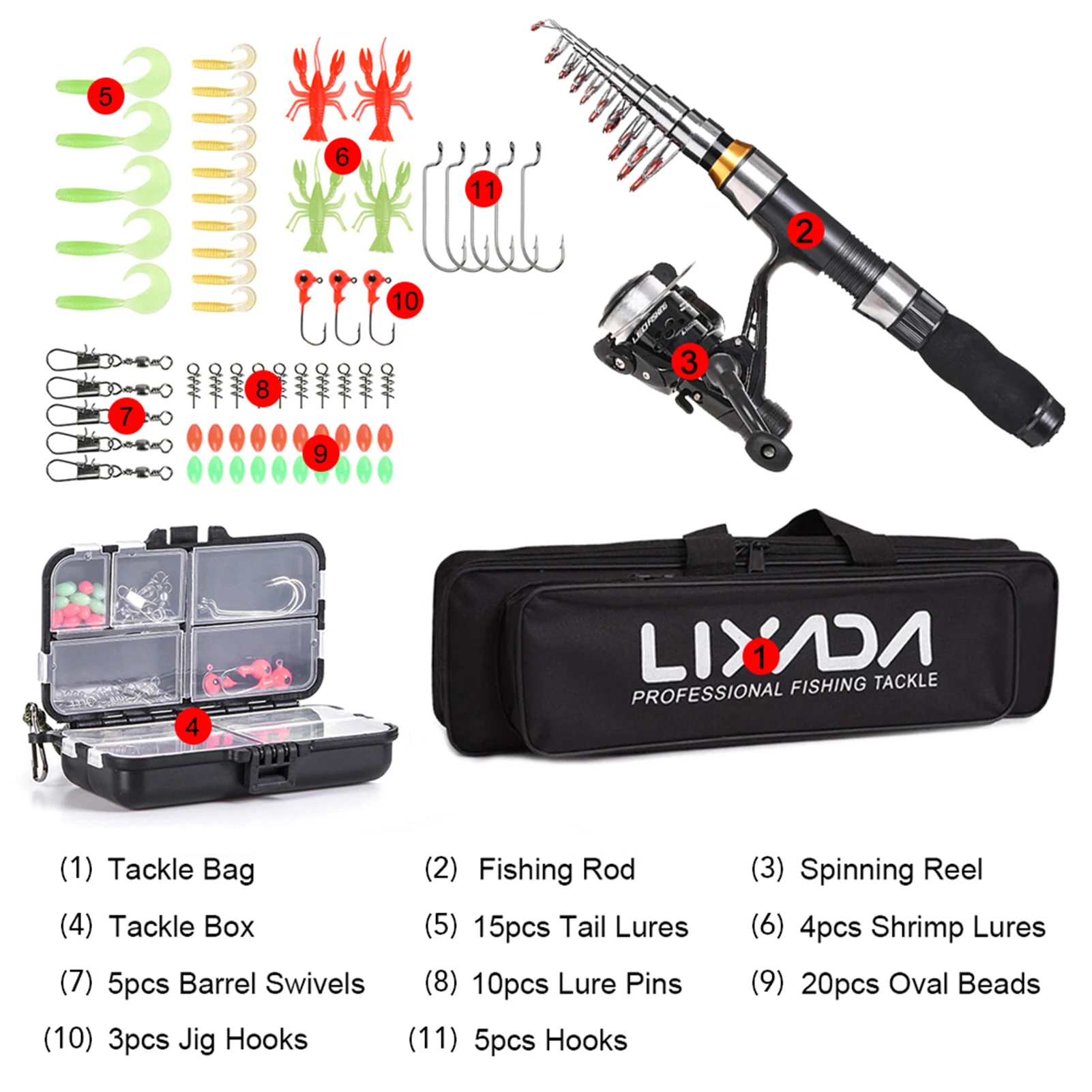 2.3/2.1m Lixada Fishing Rod Reel Combo Full Kit Telescopic Fishing Rods  Spinning Reels Set with Hooks Soft Lures Barrel Swivels