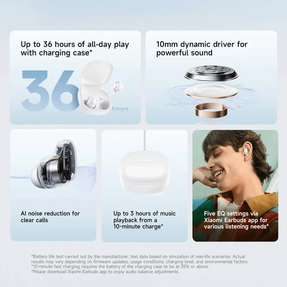 Global Version Xiaomi Redmi Buds 6 Play Earbuds 10mm Dynamic Driver AI Noise Cancellation 36 Hours Battery TWS Earphone wireless bluetooth earphones