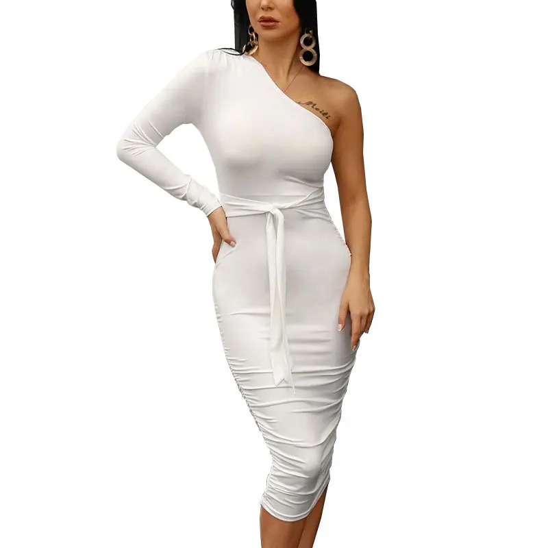 

2023 Women Elegant Fashion Sexy White Cocktail Club Party Slim Fit Dresses One Shoulder Belted Ruched Design Bodycon Midi Dress