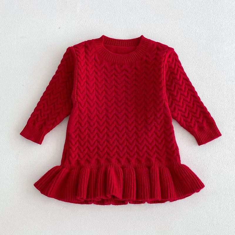 Autumn 1-6Yrs Baby Girls Long Sleeved Solid Color Knitting Dress Kids Princess Dresses Children Knitted Clothes