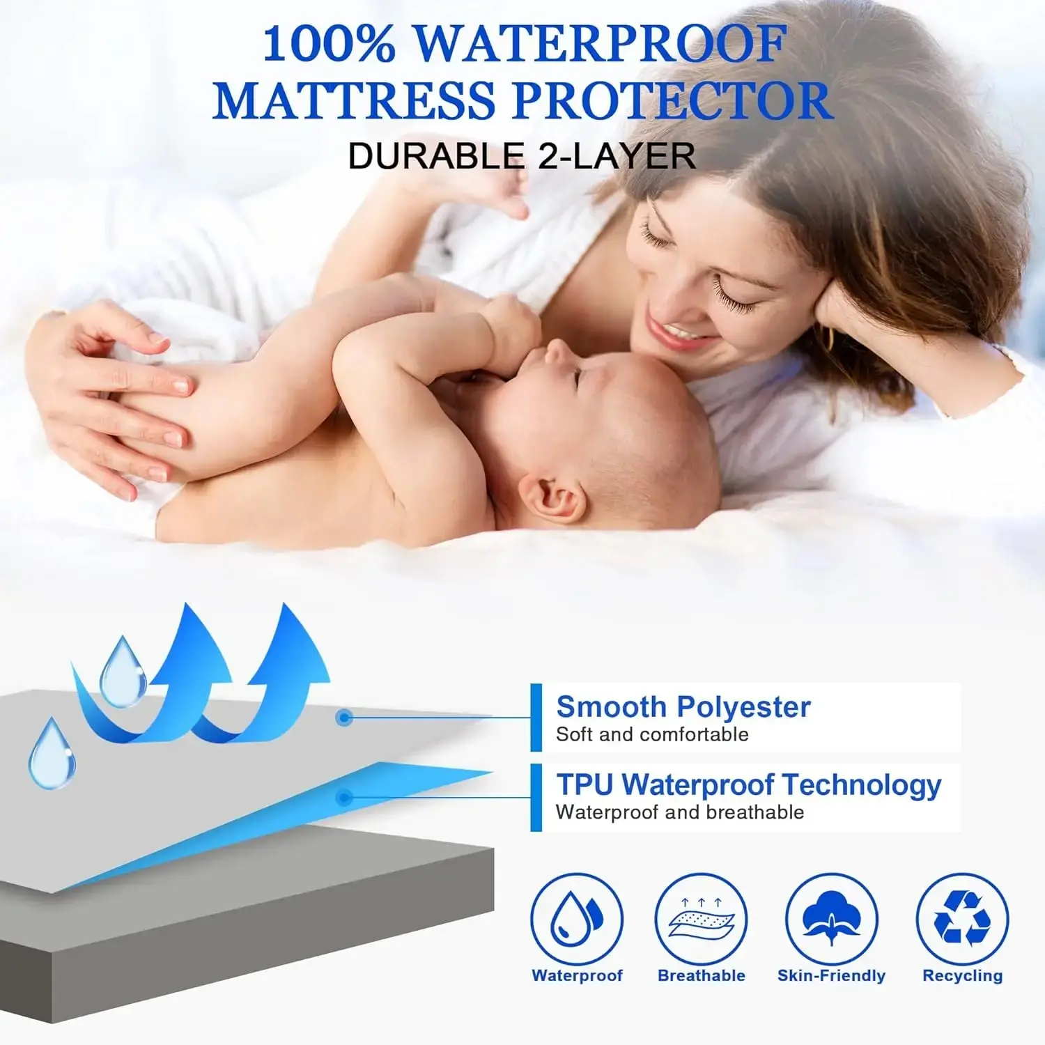 Safe Waterproof Mattress Protector, Soft Comfortable Breathable Solid Color Bedding Mattress Cover Fitted, Machine Washable 4