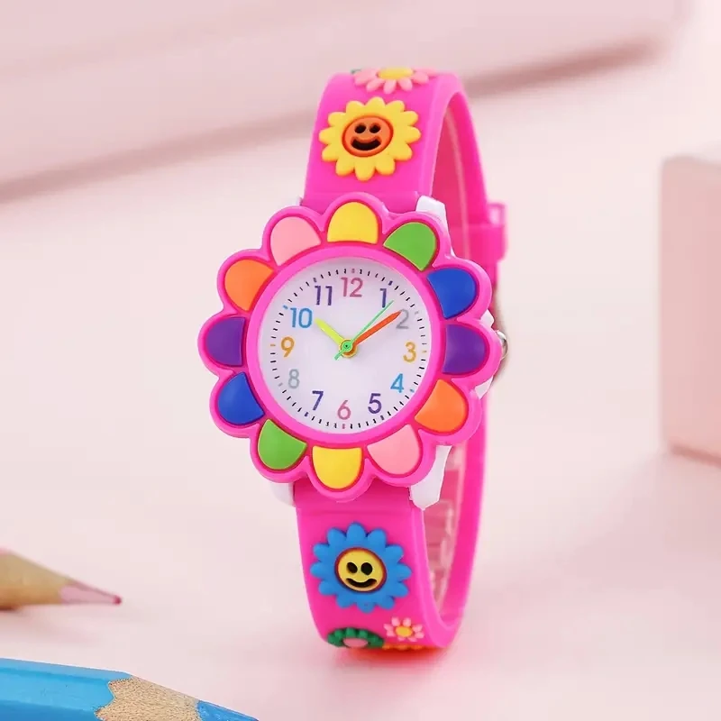 Relógio de quartzo dos desenhos animados infantil, Silicone Strap, escola primária, meninas, meninos, 3D