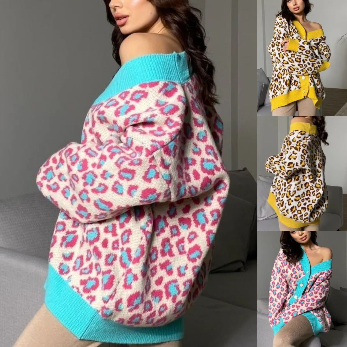 

Long Knitted Cardigan Women Leopard Vintage 2023 Yellow Spring Autumn Winter Jumper Outerwear Sweaters Y2k Sweater Coat Jacket