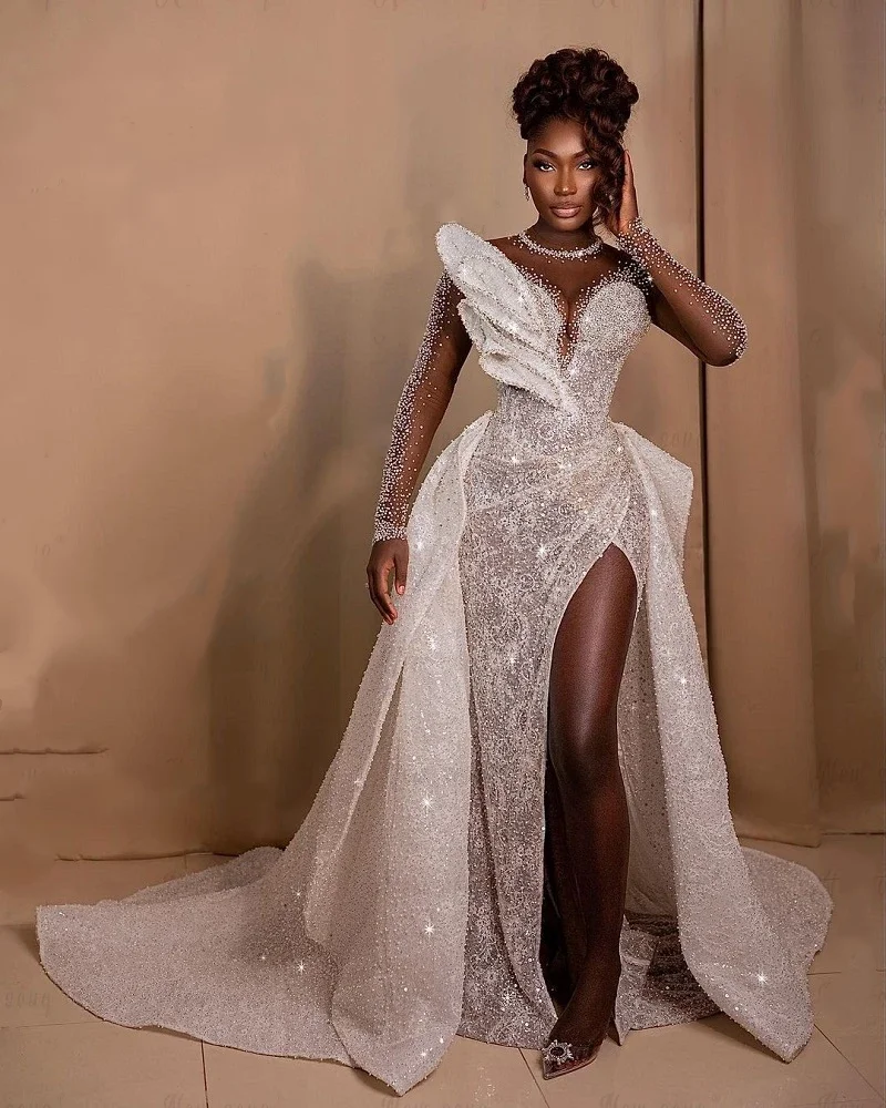 

African Luxury Full Beaded Side Slit Wedding Dress Leaf Design Detachable Train Women Dubai Bridal Gowns 2024 Vestido De Casamen