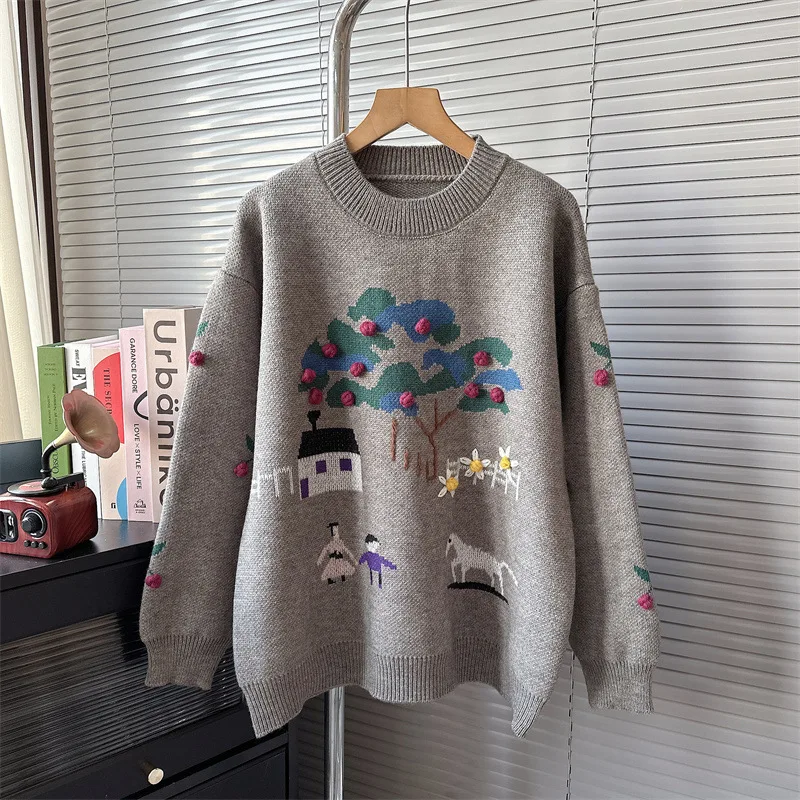 

Свитшот женский трикотажный с длинным рукавом, жаккардовый популярный свитер с рисунком вишневого дерева в ретро стиле, верхняя одежда, трендовые пуловеры
