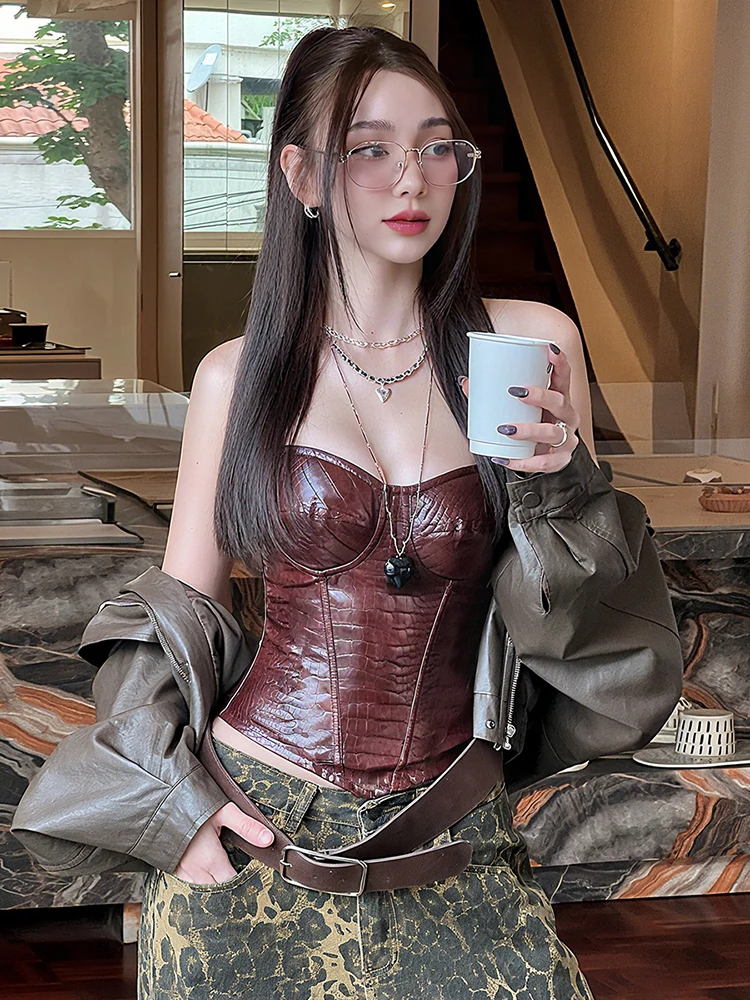 Nibber Faux Leather Corset Tops Women Low-Neck Sexy Midnight Skinny Hottie Retro Music Festival Wild Hip Hop Style Streetwear