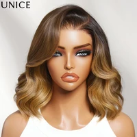 Perruque Bob ondulée UNice avec bonnet antidérapant 13x4, dentelle frontale, mèches chocolat et dorées, cheveux humains, sans colle 2