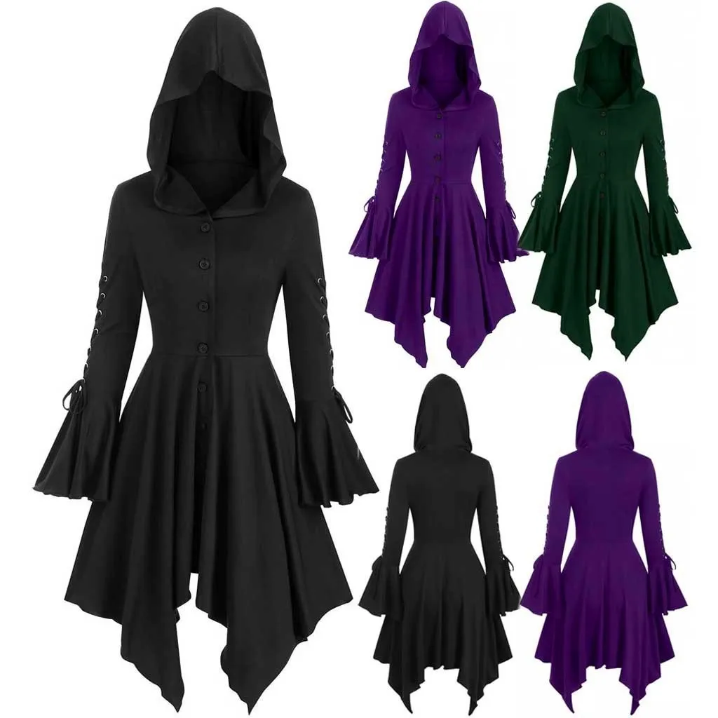 

Medieval Gothic Lace Up Viking Hooded Dress Irregular Bandage Sleeve Women's Jacket Cosplay Halloween Steampunk Costume Outfit