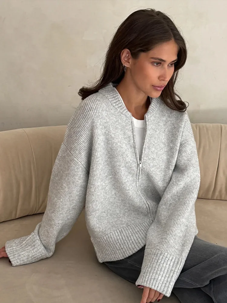 Fashion Solid Knitted Cardigan For Women Elegant O-neck Long Sleeve Zipper Female Sweater 2024 Autumn Winter Lady Chic Knitwear 2