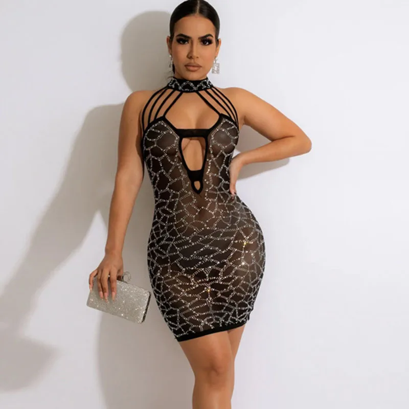 

Rhinestone Crystal Glitter Dress Women Elegant Nightclub Black Bodycon Dress Sexy Off Shoulder Halter Backless Mini Party Dress