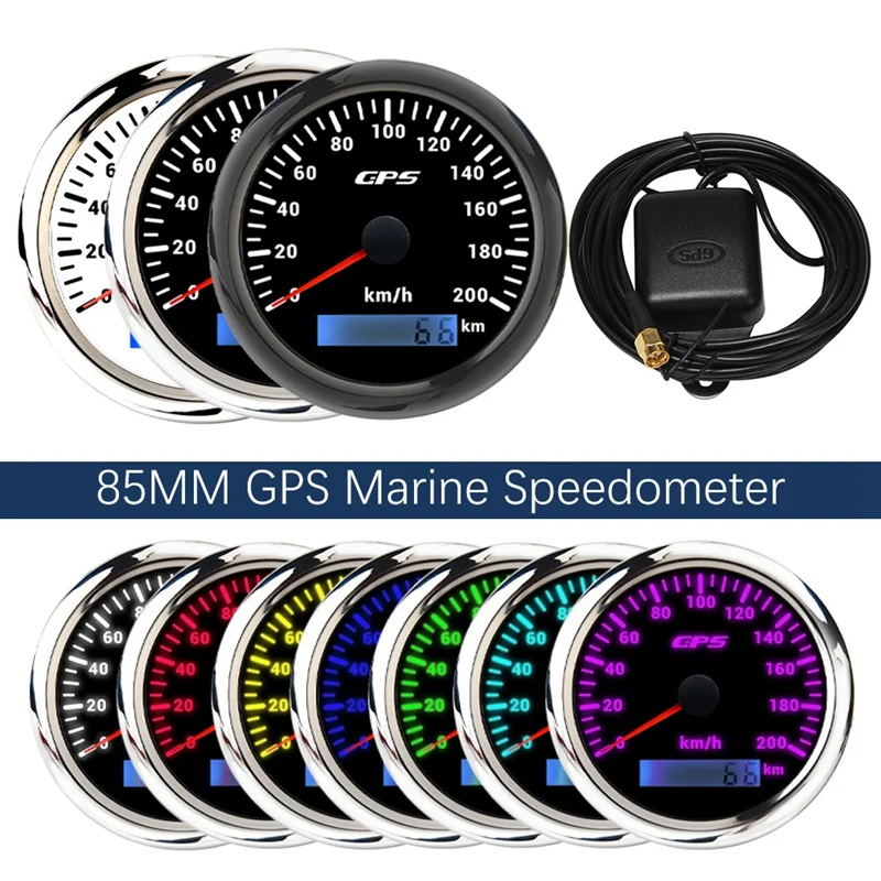 요트 보트용 GPS 해양 속도계, 백라이트 디지털 주행 거리계, 7 색, 85mm, 0-200 km/h
