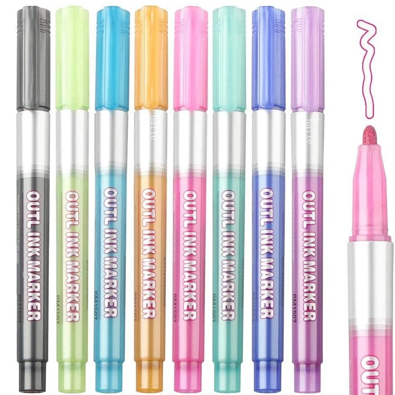8 Color Christmas Pen Highlighter Double Line Outline Art Pen Marker Pens Bullet Diary Poster Card DIY Painting Writing