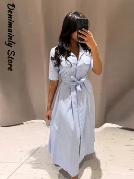 Casual Striped Women Summer Dress Lapel Single Breast Half Sleeve Slim Waist Long Dresses 2026 Autumn Lady Fashion Vacation Robe 1