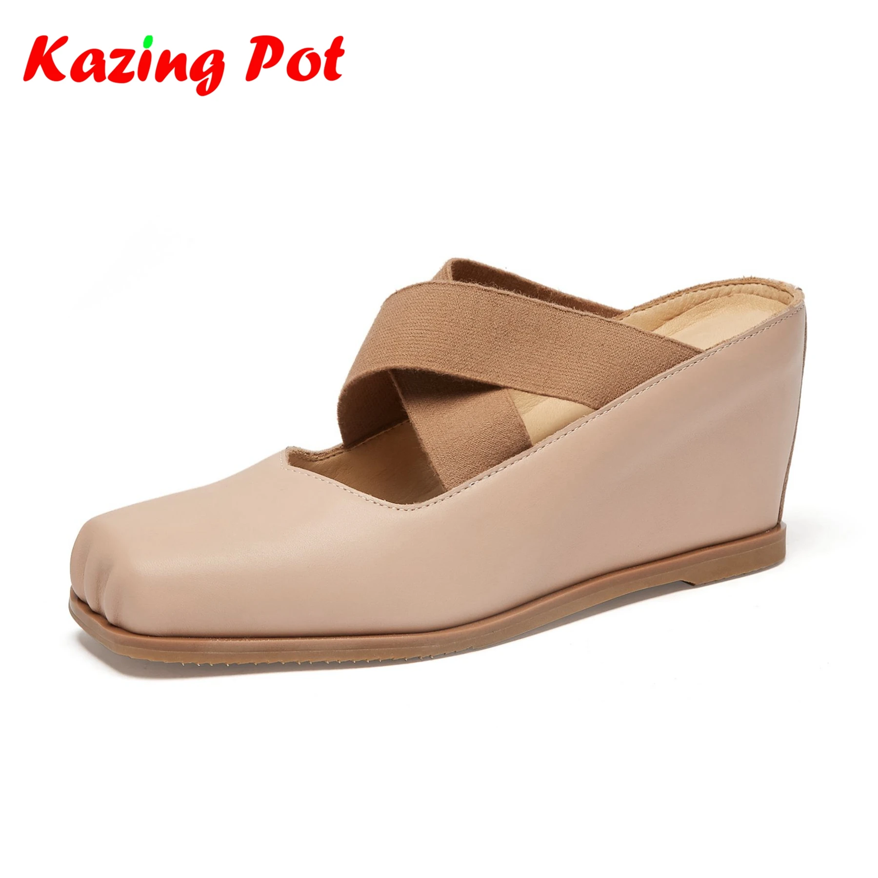 

Krazing Pot Cow Skin square Toe Women Summer Street Wear wedges high Heels Slip On model fashionOffice Lady Modern Fashion Shoes