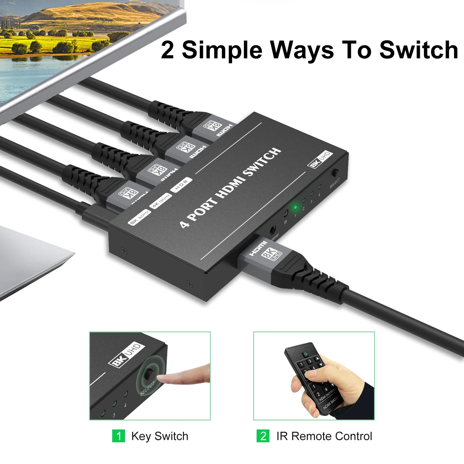 4 Ʈ 8K HDMI ġ й 4 In 1 Out HDMI 2.1 ó 8K @ 60Hz 4K @ 144Hz ġ  ҽ  ÷ 