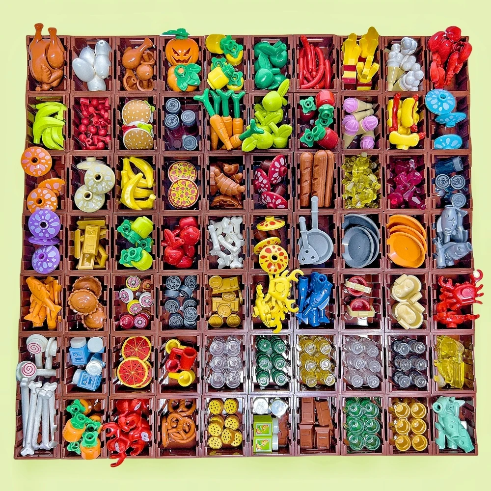 MOC Foods and Tools Building Blocks DIY Toys Seafood Meat Vegetables Fruit Dessert Goblet Dishes Small Particles Building Blocks 2